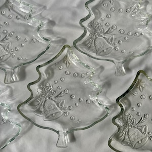 Set of 6 Christmas Tree Plates, Appetizer, Dessert, Holiday Decor, Glassware, Bells