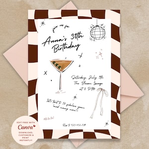 Modello di invito per il 30° compleanno | Invito modificabile per cocktail party retrò per lei | Design moderno Espresso Martini Canva | Download digitale |