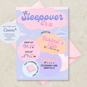 Invito per pigiama party – 13° compleanno – Pigiama party – Pigiama party con nuvola rosa – Pigiama party per ragazze – Modello di invito per pigiama