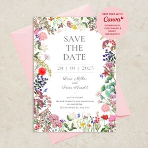 Save the Date Card Wedding Download - Floral Invitation Template - Wildflower Design DIY Printable - Elegant Wedding Invitation