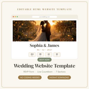 May include: An editable HTML website template for weddings featuring a browser window with a couple in a garden, the names Sophia & James, a date of 06 12 2027, a countdown timer, an RSVP NOW button, and text labels including No Coding Needed.