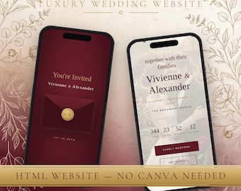Burgundy Wedding Website Template with RSVP & Envelope Opening | Gold HTML Invitation | Countdown and Google Maps