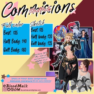 Puede incluir: Una hoja de precios para encargos de arte digital con el texto Commissions y BloodMalk. El gráfico muestra varias ilustraciones de personajes a todo color y en boceto, incluyendo figuras con atuendos negros, azules y rojos, junto a listas de precios.