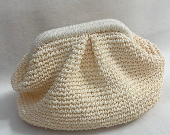 Handmade Raffia Pouch Clutch Bag For Women, White Wedding Purse, Bridal Party Clutch Bag, Straw Beach Bag, Raffia Clutch Bag