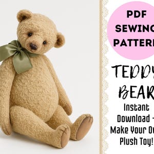 Peut inclure: Un patron de couture PDF pour un ours en peluche. Le patron comprend des instructions pour réaliser votre propre ours en peluche. L'image montre un ours en peluche brun avec un nœud vert.