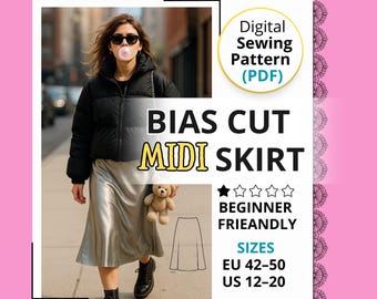 Bias Cut Skirt Sewing Pattern PDF – High Waist A-Line Midi Skirt – Printable Pattern for Women – Sizes US 12–20 / EU 42–50