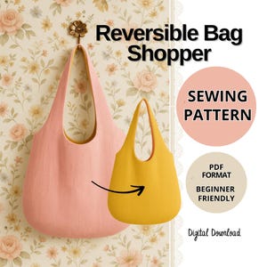 Può includere: Un cartamodello per una borsa a tracolla reversibile. Il cartamodello è in formato PDF ed è adatto ai principianti. L'immagine mostra una borsa a tracolla rosa e gialla.