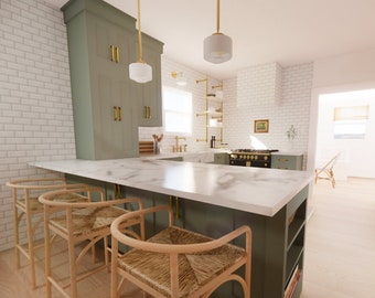 Keuken 3D-rendering, keukeninterieurontwerp, keukenontwerp op maat, fotorealistische visualisatie, architectonische weergaven, MD-ontwerp
