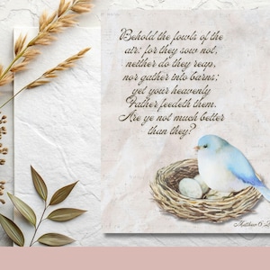 Puede incluir: Una impresión en acuarela que presenta un pájaro azul claro posado en un nido con huevos. La impresión incluye el texto "Behold the fowls of the air..." de Mateo 6:26. El fondo tiene una apariencia vintage y texturizada.