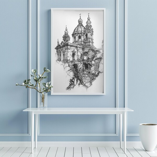 Architecture drawing, abandoned building, vintage architecture wall art, architecture print, line art, ink drawing, digital print