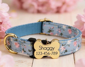 Personalized Floral Dog Collar with Engraved Bone ID Tag – Soft, Durable Polyester Pet Accessory