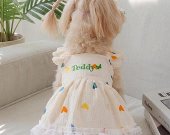 Cute Dog Dress with Lace Embroidered Name Pet Summer Outfit Small Dog Clothes for Yorkie Maltese Shih Tzu, Puppy Birthday Gift, Cat Apparel
