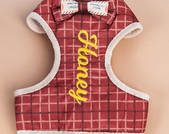 Personalized Dog Harness Set with Custom Name Embroidery, Bowtie Detail, Spring Pet Gifts
