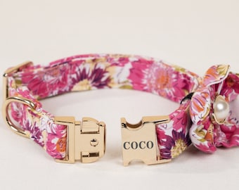 Personalized Pet Collar with Flower Engraved Dog Collar Girl Puppy Collar Floral Dog Collar with Name Custom Dog Collar for Dog Owner Gifts