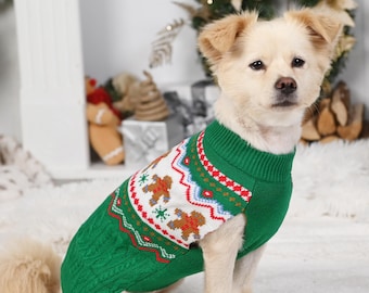 May include: A small dog wearing a green Christmas sweater with a gingerbread man design. The sweater has a cable knit texture and a white background with red and blue accents. The dog is sitting on a white surface in front of a festive backdrop.