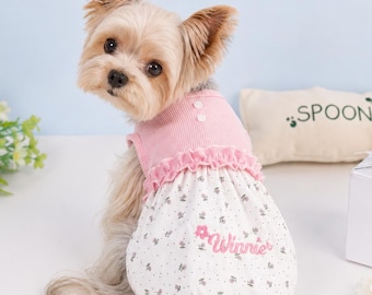 Personalized Floral Dog Dress: Pink Pet Clothes, Cottagecore Style, Cotton Summer Outfit