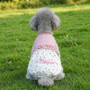 Peut inclure: Une robe pour chien compos&eacute;e d'un corsage en maille gaufr&eacute;e rose avec deux boutons blancs et d'une jupe blanche &agrave; petites fleurs. La jupe pr&eacute;sente une taille &agrave; volants et le pr&eacute;nom Winnie brod&eacute; en rose sur la partie inf&eacute;rieure du dos.
