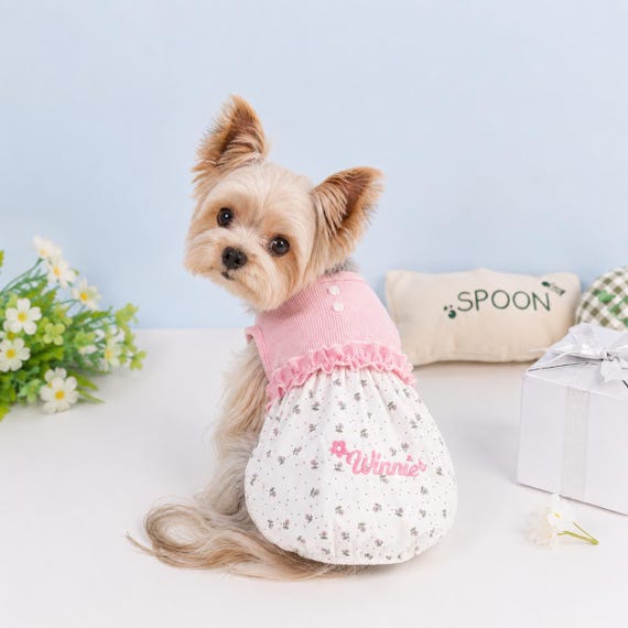 Personalized Floral Dog Dress: Pink Pet Clothes, Cottagecore Style, Cotton Summer Outfit