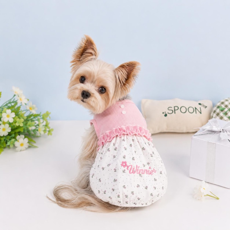 Peut inclure: Un petit chien au pelage beige et brun portant un haut sans manches rose c&ocirc;tel&eacute; avec une jupe blanche &agrave; motif floral. La jupe pr&eacute;sente une taille &agrave; volants et le nom Winnie est brod&eacute; en &eacute;criture rose sur la partie inf&eacute;rieure avant.