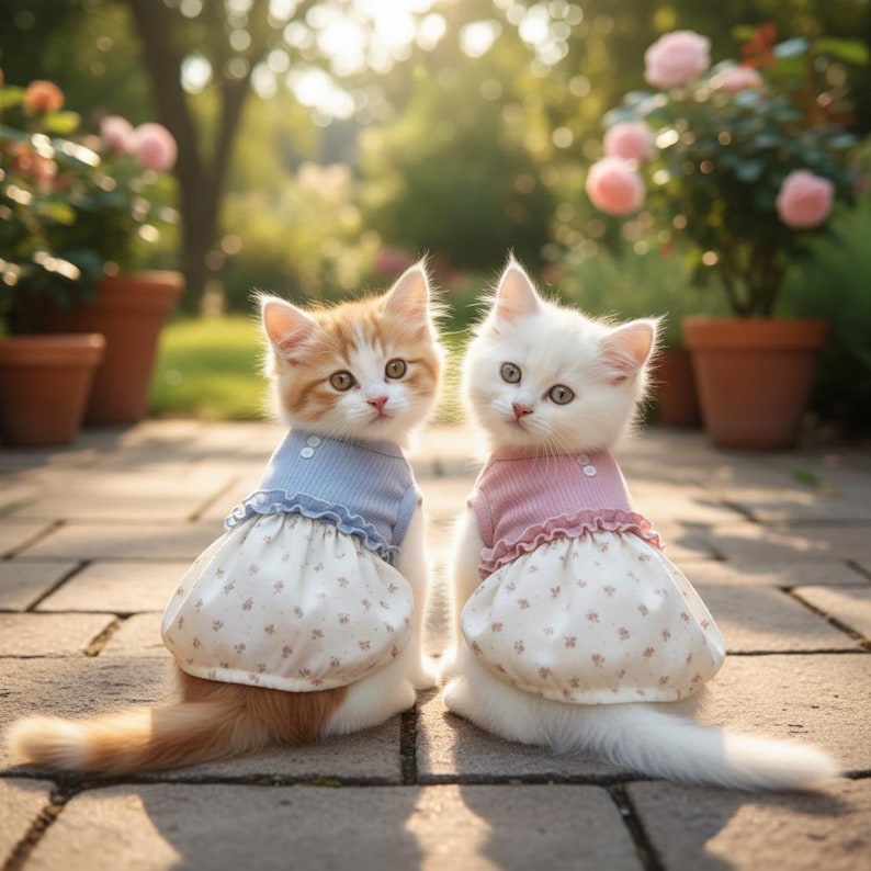 Peut inclure: Deux chatons portant des tenues assorties. Un chaton est orange et blanc, v&ecirc;tu d'un haut c&ocirc;tel&eacute; bleu clair avec une jupe &agrave; fleurs. L'autre chaton est blanc, v&ecirc;tu d'un haut c&ocirc;tel&eacute; rose avec une jupe &agrave; fleurs assortie. Les deux tenues ont des boutons.