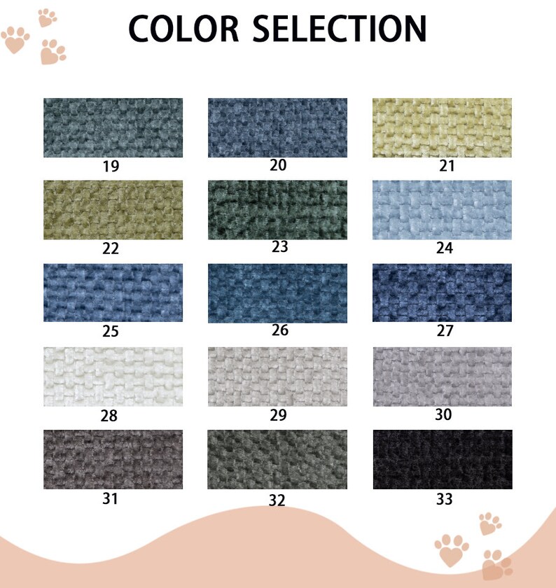 May include: Color selection chart with 15 fabric swatches. The swatches are numbered 19 through 33. The swatches are in various colors and textures, including blue, green, gray, beige, and black.