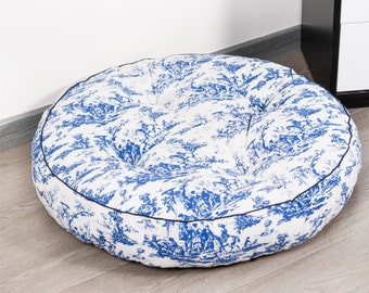 Personalized Toile Dog Bed, Round Plush Pet Bed