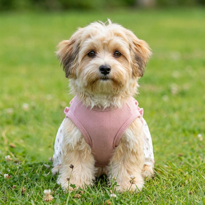 Peut inclure: Un petit chiot brun clair et duveteux aux oreilles fonc&eacute;es portant un harnais en maille gaufr&eacute;e rose poudr&eacute;. Le harnais pr&eacute;sente une encolure ronde et un motif en tissu textur&eacute;. Le chiot a le poitrail blanc et les yeux sombres, assis droit.