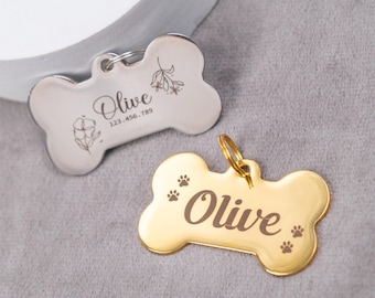Personalized Pet ID Tag, Engraved Stainless Steel Dog Bone Tag