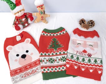May include: Three red and green Christmas jumpers for dogs with embroidered names "Birdie", "Alice", and "Felix".