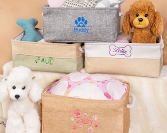 Personalized Pet Toy Storage Basket | Custom Embroidered Linen Bin Pet Treat Box