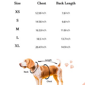 Peut inclure: Un tableau de guide des tailles pour animaux avec les tailles XS &agrave; XL, indiquant les mesures de poitrine et de longueur de dos en pouces. Sous le tableau, une illustration de chien montre o&ugrave; mesurer le cou, la poitrine et le dos.