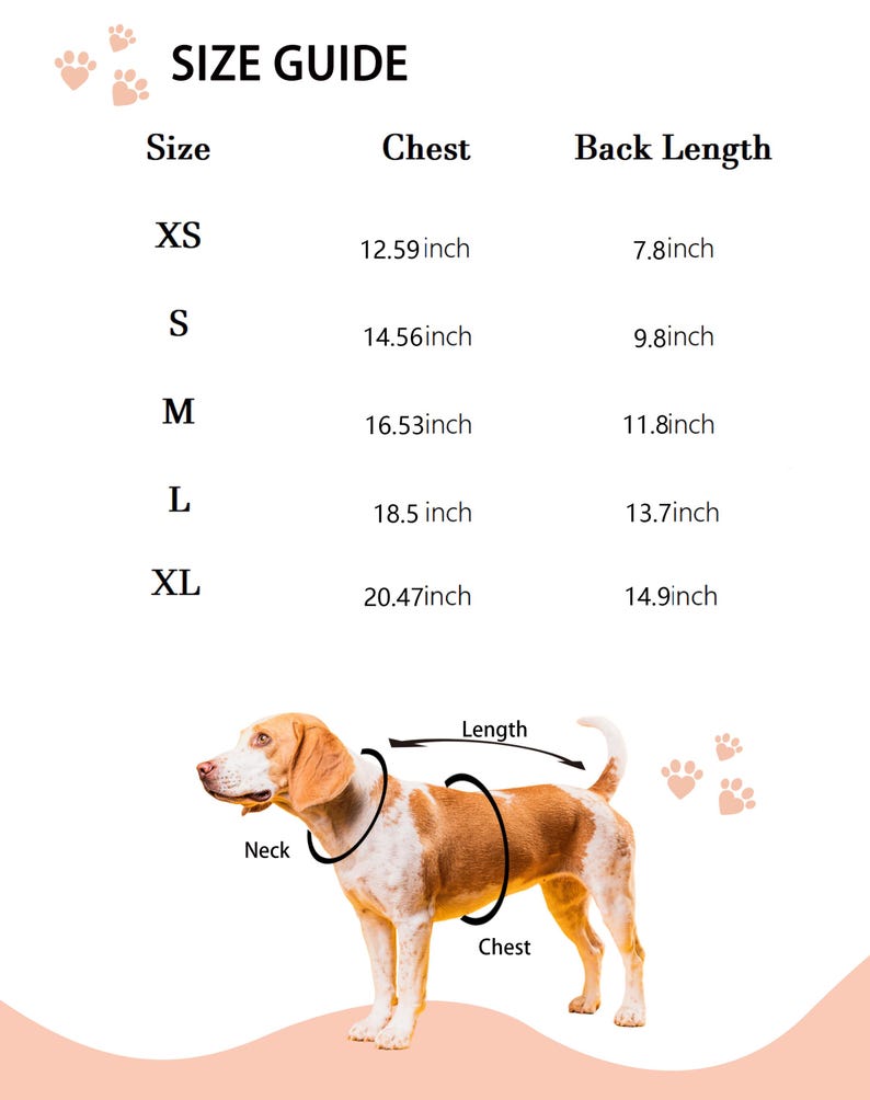 Peut inclure: Un tableau de guide des tailles pour animaux avec les tailles XS &agrave; XL, indiquant les mesures de poitrine et de longueur de dos en pouces. Sous le tableau, une illustration de chien montre o&ugrave; mesurer le cou, la poitrine et le dos.