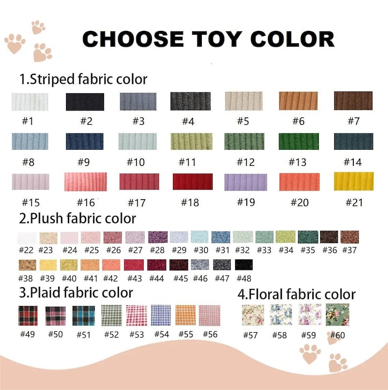 Op de afbeelding: Kleurenkaart voor speelgoedstofopties. Bevat gestreepte, pluche, geruite en bloempatronen. De kaart toont een verscheidenheid aan kleuren, waaronder blauw, groen, rood en geel. Elke kleur is genummerd.