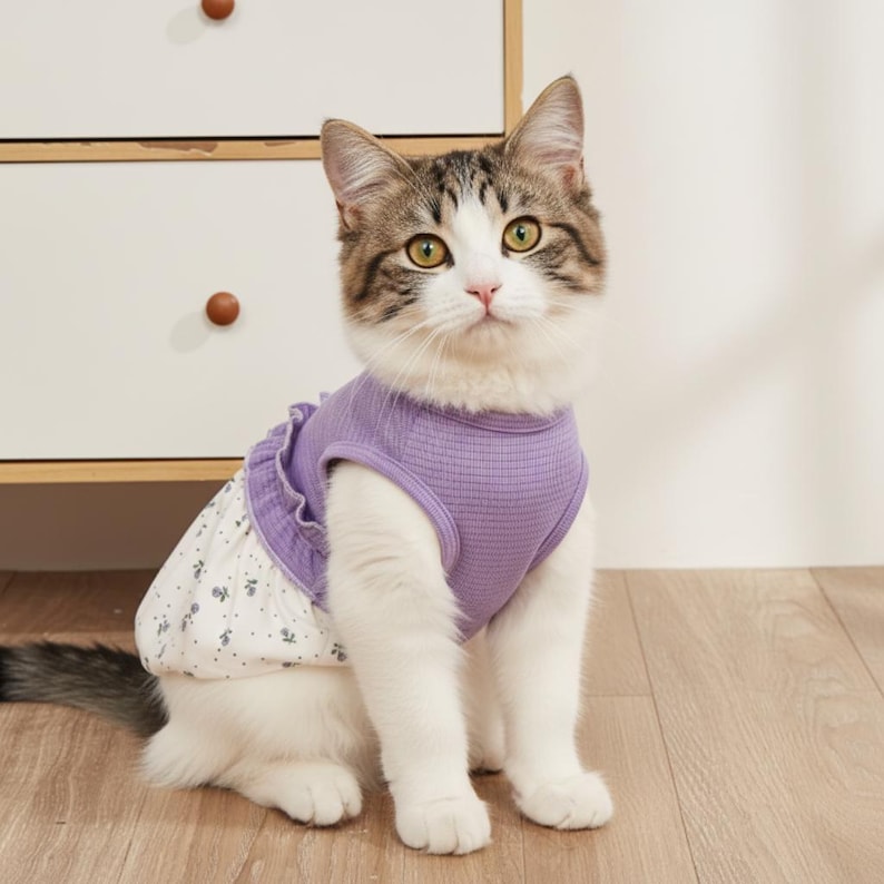 Peut inclure: Un chat tigr&eacute; brun et blanc portant un haut sans manches c&ocirc;tel&eacute; violet avec une jupe blanche &agrave; petits motifs floraux bleus. Le v&ecirc;tement pr&eacute;sente un bord &agrave; volants l&agrave; o&ugrave; le haut violet rejoint la jupe blanche, cr&eacute;ant un aspect superpos&eacute;.