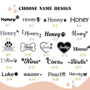 Op de afbeelding: Een selectie van huisdiernaamontwerpen in verschillende lettertypen en stijlen. De namen zijn onder meer "Honey", "Buddy", "Bailey", "Charlie", "Moose", "Alice", "Nina", "Coco", "Birdie", "Luke", "Pearl" en "Harvey".