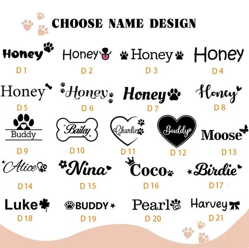 Op de afbeelding: Een selectie van huisdiernaamontwerpen in verschillende lettertypen en stijlen. De namen zijn onder meer "Honey", "Buddy", "Bailey", "Charlie", "Moose", "Alice", "Nina", "Coco", "Birdie", "Luke", "Pearl" en "Harvey".