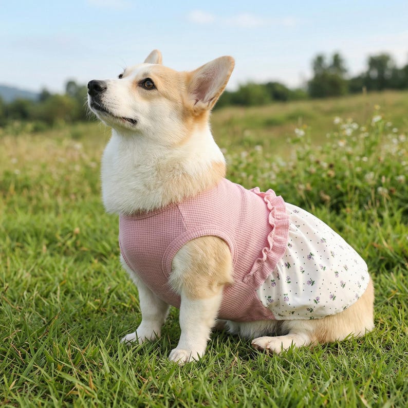 Peut inclure: Un Corgi Pembroke Welsh portant un haut en maille gaufr&eacute;e rose avec une taille &agrave; volants et une jupe blanche &agrave; petits motifs floraux violets. Le v&ecirc;tement pr&eacute;sente une encolure ronde et des emmanchures sans manches, ajust&eacute; au corps.