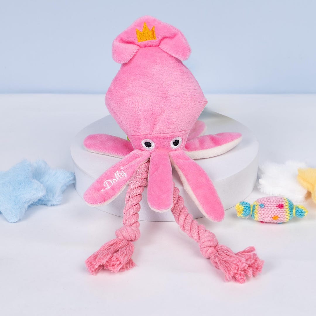 Pink Rope Toy Personalized Dog Toy With Squeaker Custom Embroidered Name Braided ...