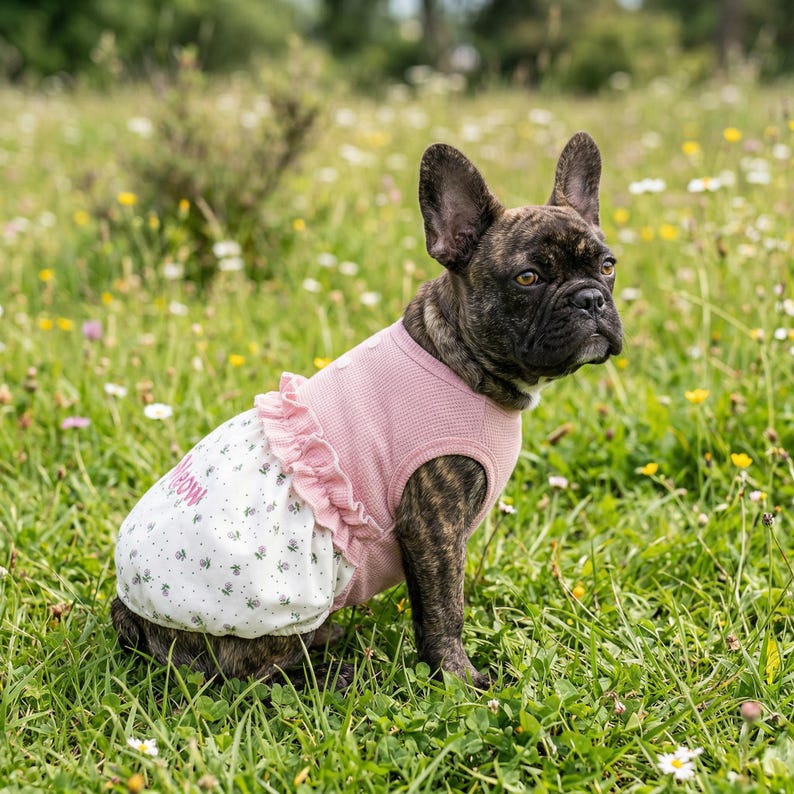 Peut inclure: Un bouledogue fran&ccedil;ais bring&eacute; portant un haut sans manches en maille gaufr&eacute;e rose avec une taille &agrave; volants et une jupe blanche &agrave; petit motif floral. Le v&ecirc;tement pr&eacute;sente un bord &agrave; volants rose &agrave; la taille et un petit d&eacute;tail de texte rose.