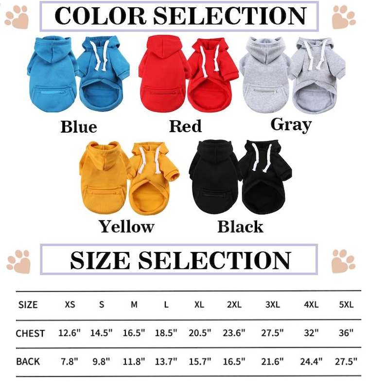 May include: A selection of dog hoodies in various colors, including blue, red, gray, yellow, and black. The image also displays a size chart with chest and back measurements in inches, ranging from XS to 5XL. The text at the top reads "COLOR SELECTION".
