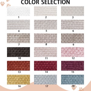 May include: Color selection chart with 18 fabric swatches. The swatches are arranged in a grid of 6 rows and 3 columns. Each swatch is labeled with a number from 1 to 18. The swatches are a variety of colors and textures, including white, beige, gray, black, pink, red, orange, yellow, and blue.
