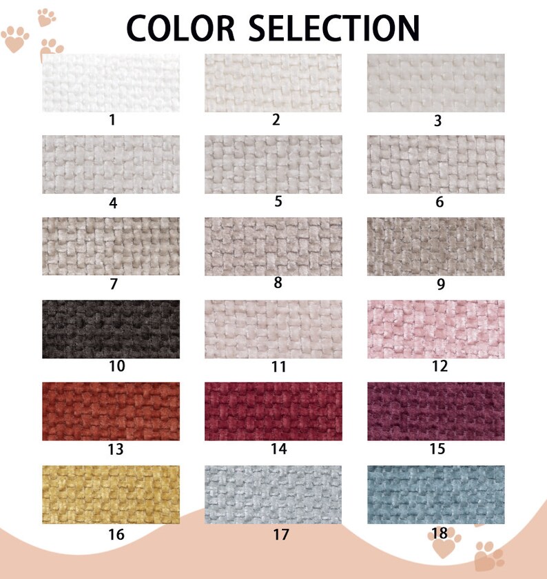 May include: Color selection chart with 18 fabric swatches. The swatches are arranged in a grid of 6 rows and 3 columns. Each swatch is labeled with a number from 1 to 18. The swatches are a variety of colors and textures, including white, beige, gray, black, pink, red, orange, yellow, and blue.