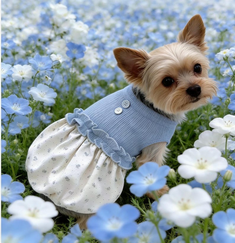 Peut inclure: Un petit chien portant un haut sans manches bleu clair c&ocirc;tel&eacute; avec deux petits boutons &agrave; l'encolure et une couture &agrave; la taille &agrave; volants. La partie inf&eacute;rieure du v&ecirc;tement est une jupe cr&egrave;me avec un d&eacute;licat motif floral bleu miniature.
