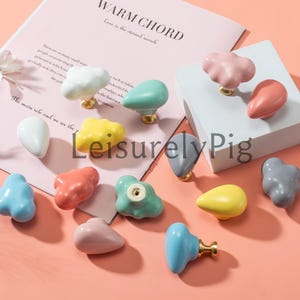 Perilla de cerámica para cajón con diseño de nube de colores para niños, tirador de tocador con forma de gota de agua, perillas decorativas para el hogar