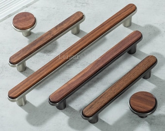 Black Walnut Drawer Pulls,Wood Kitchen Cabinet handles,Nickel & Gray Cupboard Knobs, Furniture Hardware