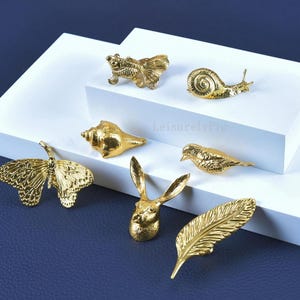 Pu&ograve; includere: Una collezione di figurine decorative color oro, tra cui una farfalla, una lumaca, una conchiglia, un uccello, una testa di coniglio, una piuma e un pesce. Le figurine sono disposte su una superficie bianca su uno sfondo blu scuro.