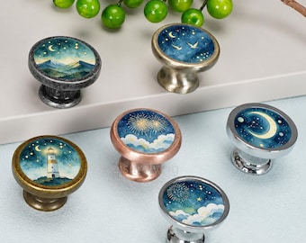 Tiradores de cajón con diseño de cielo nocturno encantado, tirador de cómoda con estrella azul para niños, herrajes para armarios de muebles