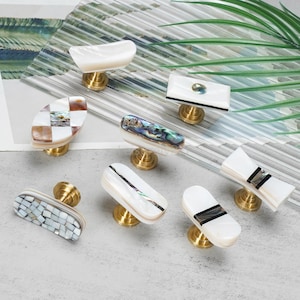 Abalone Shell Drawer Knobs, Mother of Pearl Brass Cabinet Pulls, Coastal Furniture Hardware