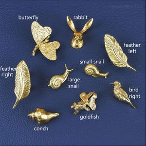 Pomelli multipli in ottone massiccio a forma di animali: farfalla, uccello, coniglio, lumaca - Maniglie per cassettiere in stile Art Déco color oro immagine 3