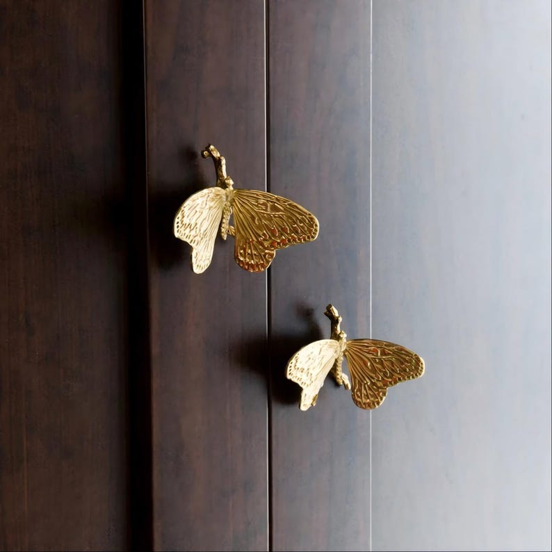 Pu&ograve; includere: Due maniglie dorate a forma di farfalla montate su un'anta di armadio in legno marrone scuro. Le ali della farfalla sono decorate con motivi intricati e le maniglie sono attaccate all'anta con uno stelo a forma di ramo.